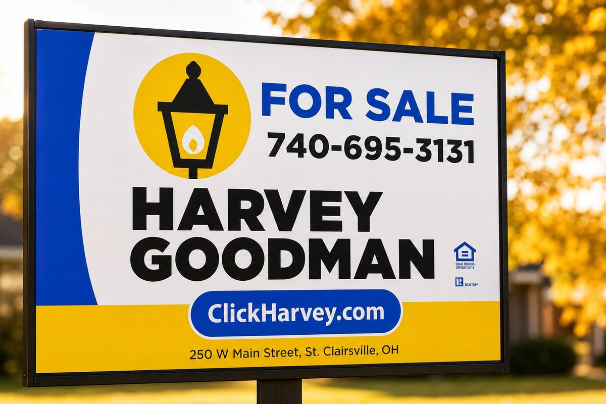 Harvey Goodman, Realtor For Sale yard sign in a St. Clairsville neighborhood