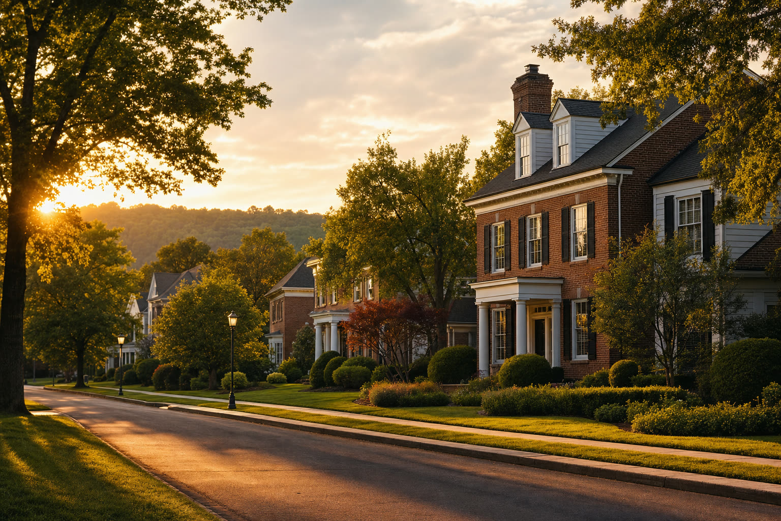 Tree-lined neighborhood of brick colonial homes in the Ohio Valley at golden hour